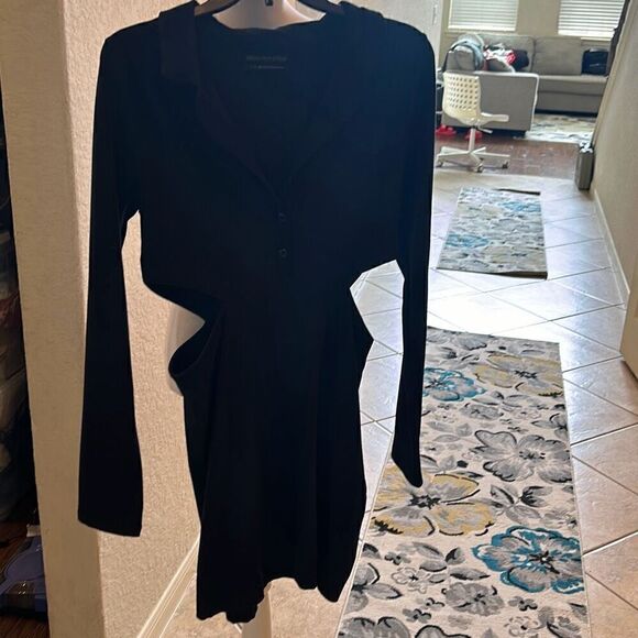 Urban Outfitters Women's L Gwen Long Sleeve Collared Cutout Mini Dress Black Rib - Picture 1 of 8